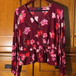 EUC Express Floral Surplice Wrap Top Smocked Waist Ruffle Sleeve V-neck Boho